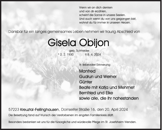 Traueranzeige von Gisela Obijon von Siegener Zeitung