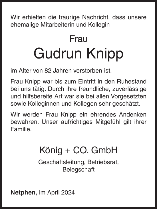 Traueranzeige von Gudrun Knipp von Siegener Zeitung