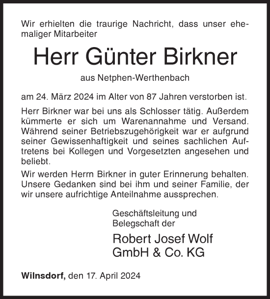 Traueranzeige von Günter Birkner von Siegener Zeitung