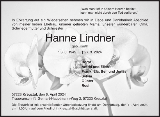 Traueranzeige von Hanne Lindner von Siegener Zeitung