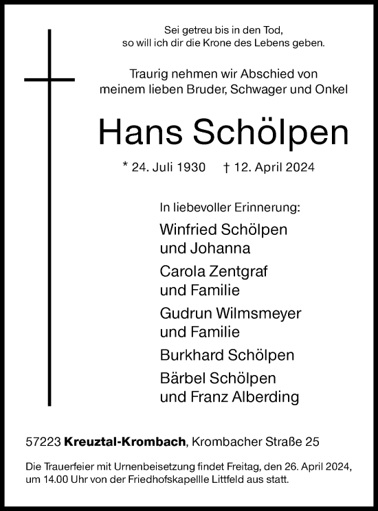 Traueranzeige von Hans Schölpen von Siegener Zeitung