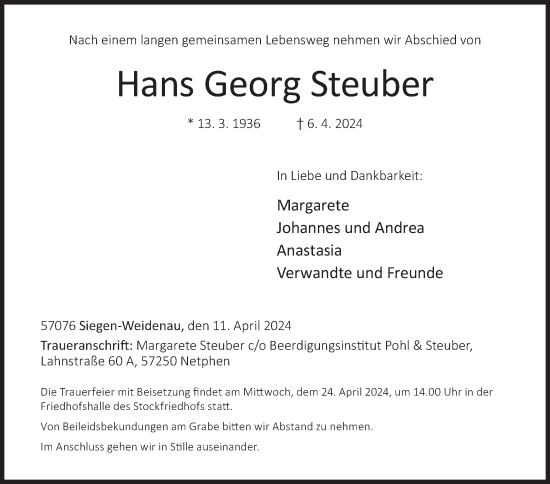 Traueranzeige von Hans Georg Steuber von Siegener Zeitung