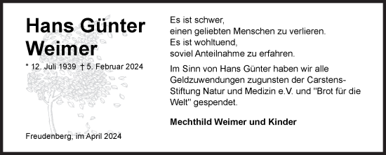 Traueranzeige von Hans Günter Weimer von Siegener Zeitung