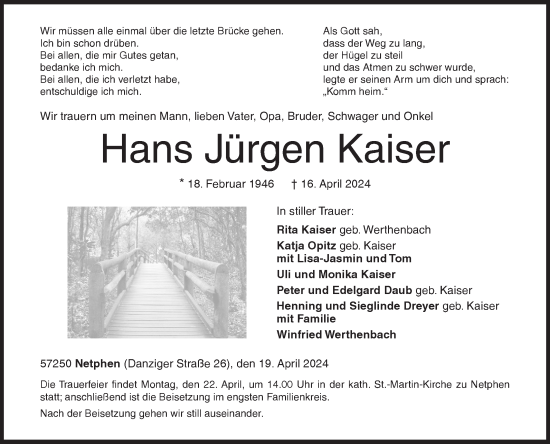 Traueranzeige von Hans Jürgen Kaiser von Siegener Zeitung