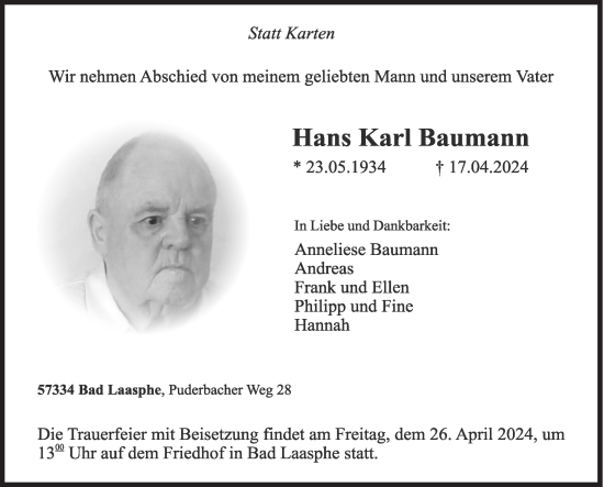 Traueranzeige von Hans Karl Baumann von Siegener Zeitung