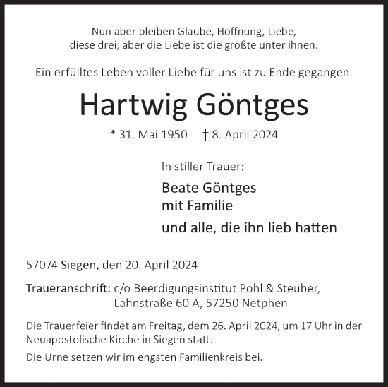 Traueranzeige von Hartwig Göntges von Siegener Zeitung