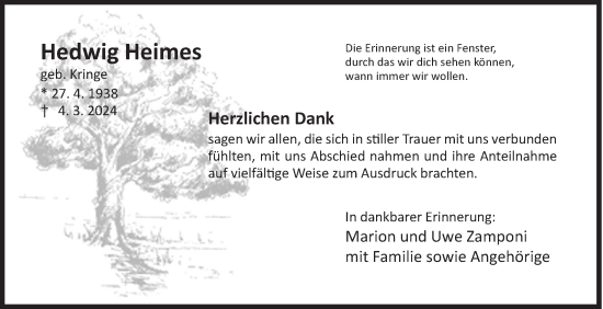 Traueranzeige von Hedwig Heimes von Siegener Zeitung