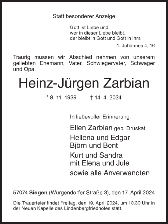 Traueranzeige von Heinz-Jürgen Zarbian von Siegener Zeitung