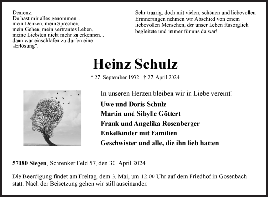 Traueranzeige von Heinz Schulz von Siegener Zeitung
