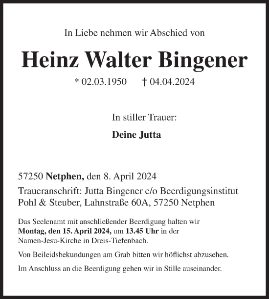 Traueranzeige von Heinz Walter Bingener von Siegener Zeitung