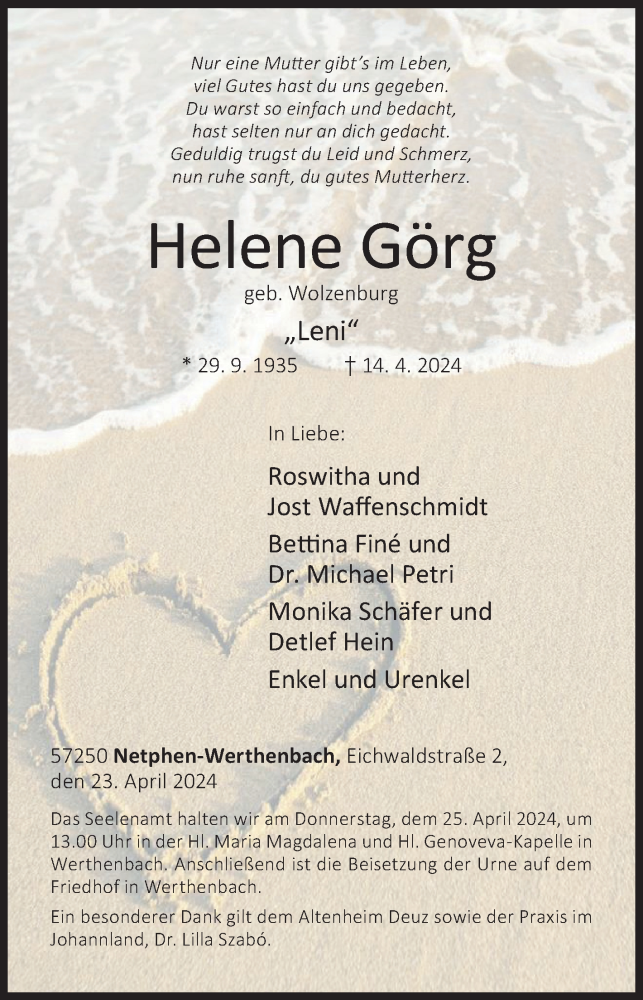  Traueranzeige für Helene Görg vom 23.04.2024 aus Siegener Zeitung