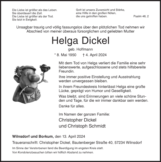 Traueranzeige von Helga Dickel von Siegener Zeitung