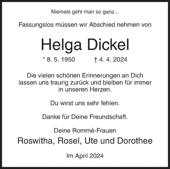 Traueranzeige von Helga Dickel von Siegener Zeitung