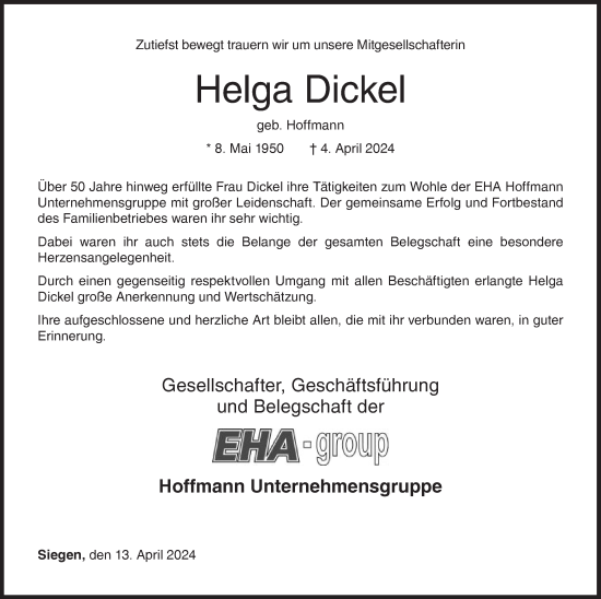 Traueranzeige von Helga Dickel von Siegener Zeitung