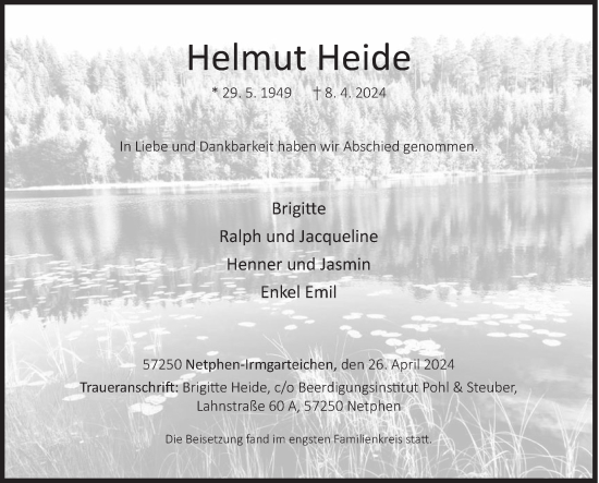 Traueranzeige von Helmut Heide von Siegener Zeitung
