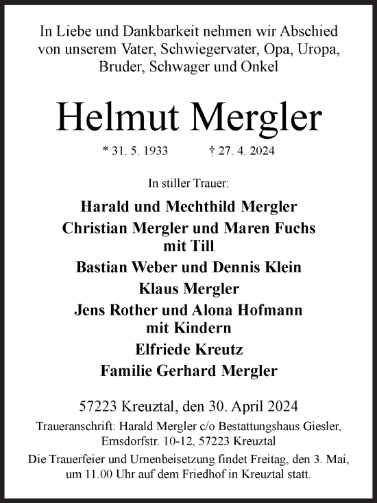 Traueranzeige von Helmut Mergler von Siegener Zeitung