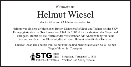Traueranzeige von Helmut Wiesel von Siegener Zeitung