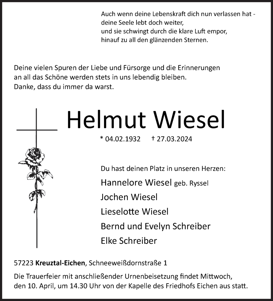  Traueranzeige für Helmut Wiesel vom 04.04.2024 aus Siegener Zeitung