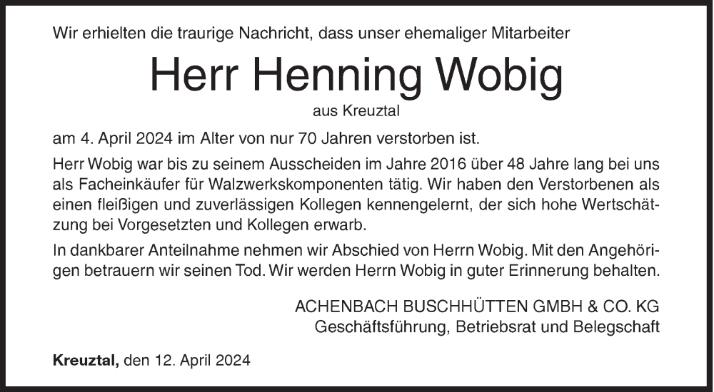  Traueranzeige für Henning Wobig vom 12.04.2024 aus Siegener Zeitung