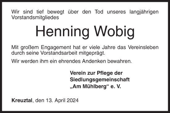 Traueranzeige von Henning Wobig von Siegener Zeitung