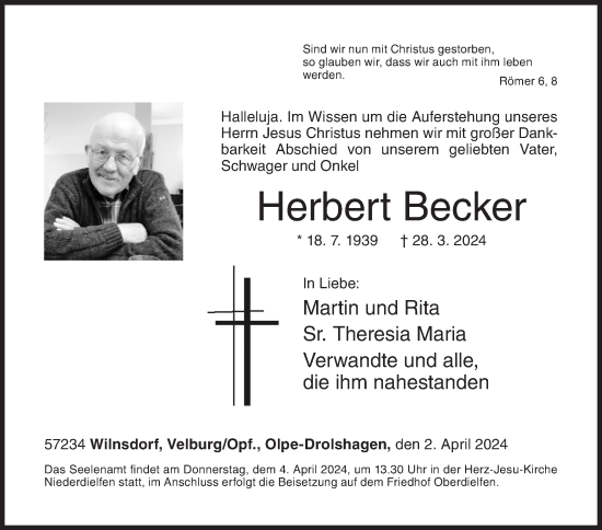 Traueranzeige von Herbert Becker von Siegener Zeitung