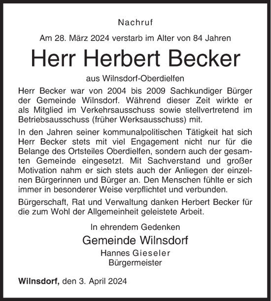 Traueranzeige von Herbert Becker von Siegener Zeitung