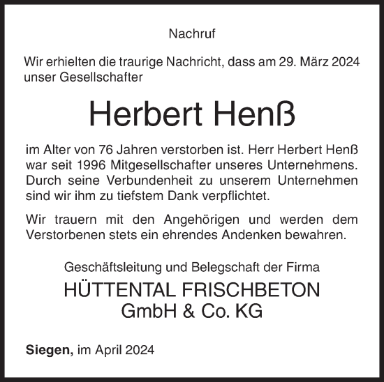 Traueranzeige von Herbert Henß von Siegener Zeitung
