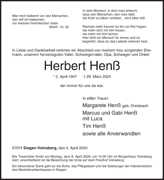 Traueranzeige von Herbert Henß von Siegener Zeitung