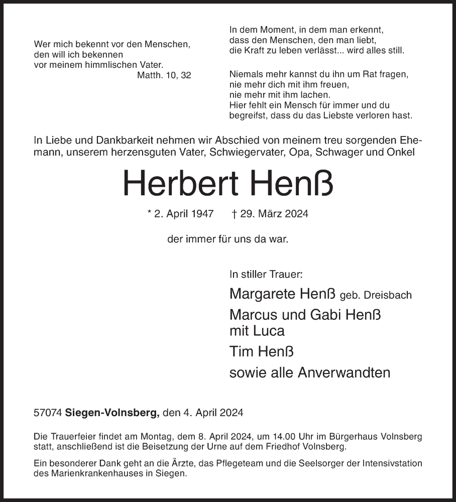  Traueranzeige für Herbert Henß vom 04.04.2024 aus Siegener Zeitung