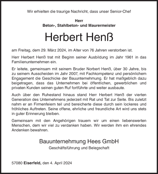 Traueranzeige von Herbert Henß von Siegener Zeitung