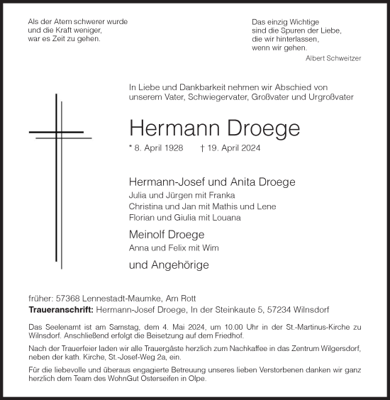 Traueranzeige von Hermann Droege von Siegener Zeitung