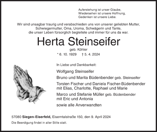 Traueranzeige von Herta Steinseifer von Siegener Zeitung