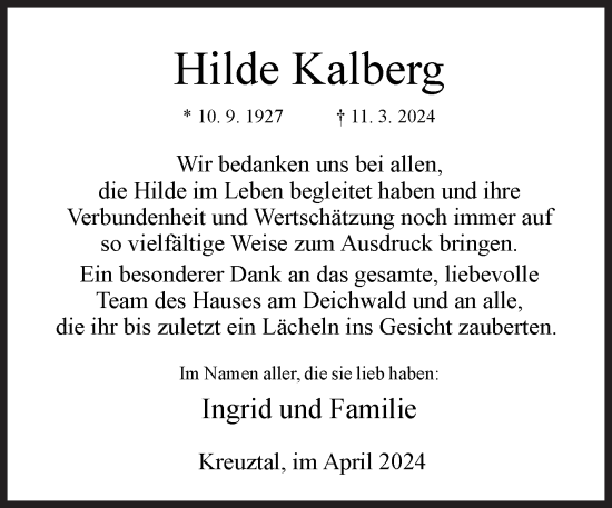 Traueranzeige von Hilde Kalberg von Siegener Zeitung