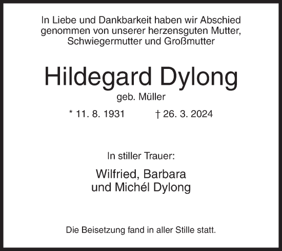 Traueranzeige von Hildegard Dylong von Siegener Zeitung