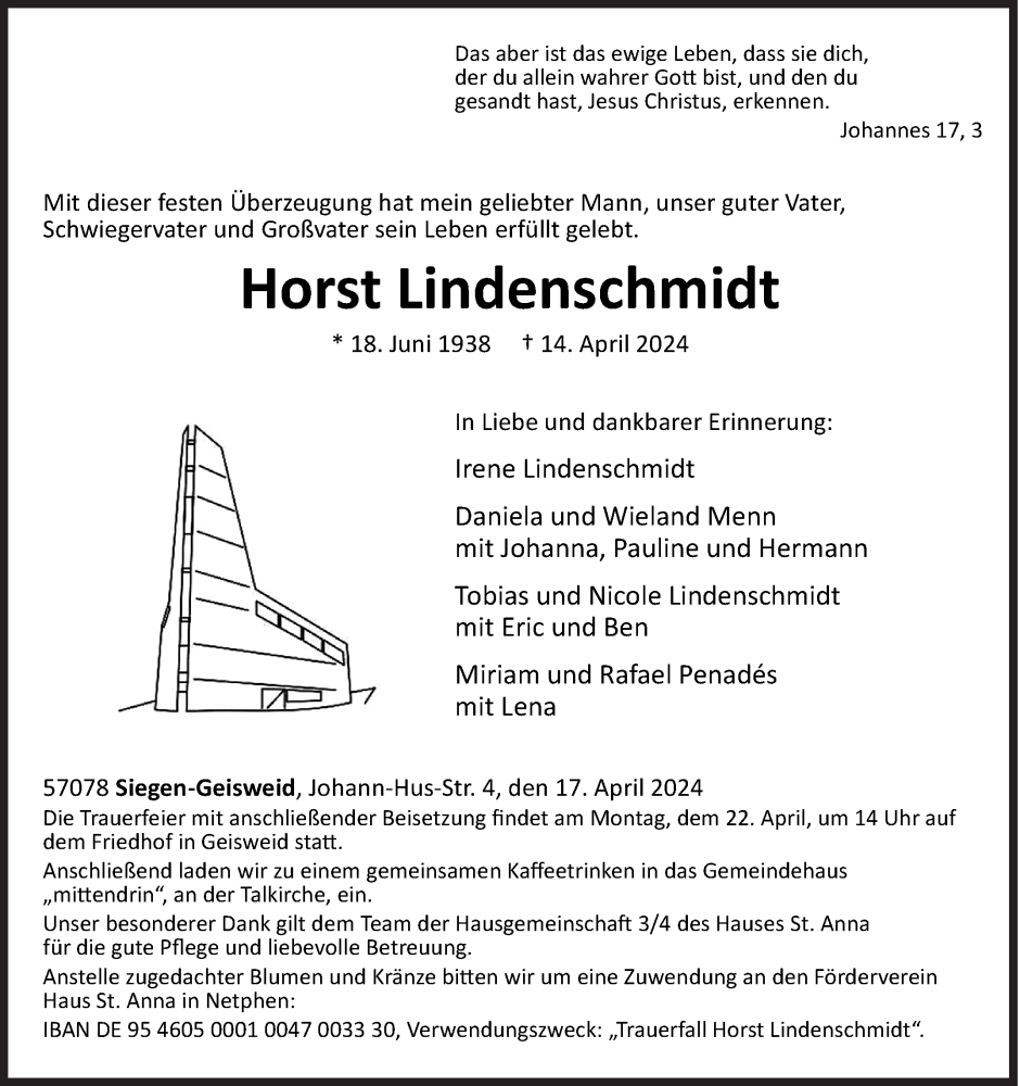  Traueranzeige für Horst Lindenschmidt vom 17.04.2024 aus Siegener Zeitung