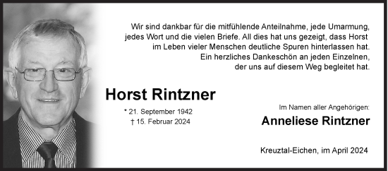 Traueranzeige von Horst Rintzner von Siegener Zeitung