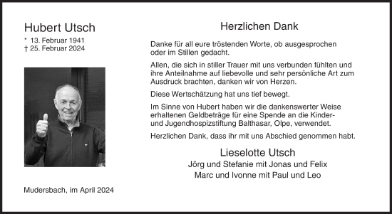 Traueranzeige von Hubert Utsch von Siegener Zeitung