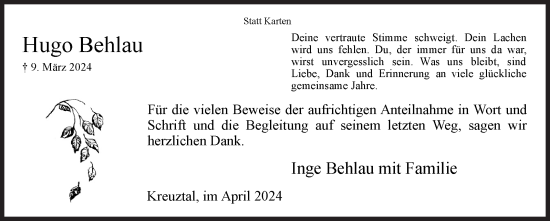 Traueranzeige von Hugo Behlau von Siegener Zeitung