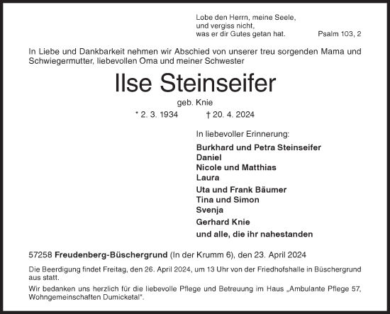 Traueranzeige von Ilse Steinseifer von Siegener Zeitung