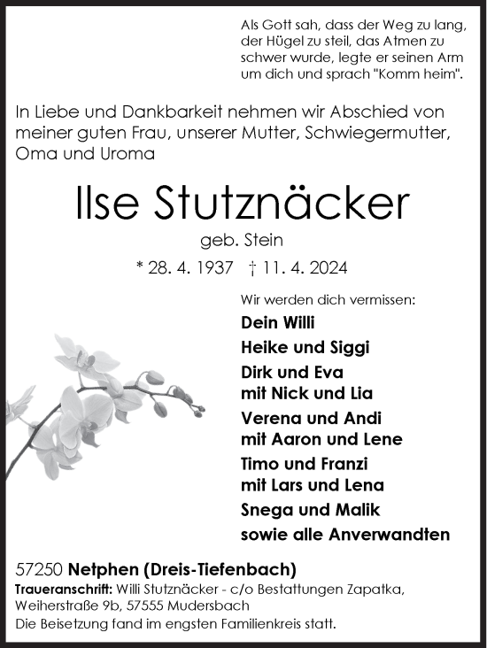 Traueranzeige von Ilse Stutznäcker von Siegener Zeitung