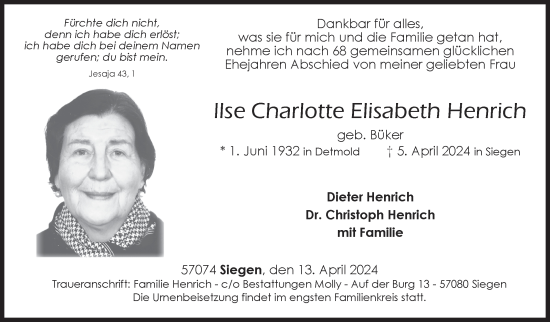 Traueranzeige von Ilse Charlotte Elisabeth Henrich von Siegener Zeitung