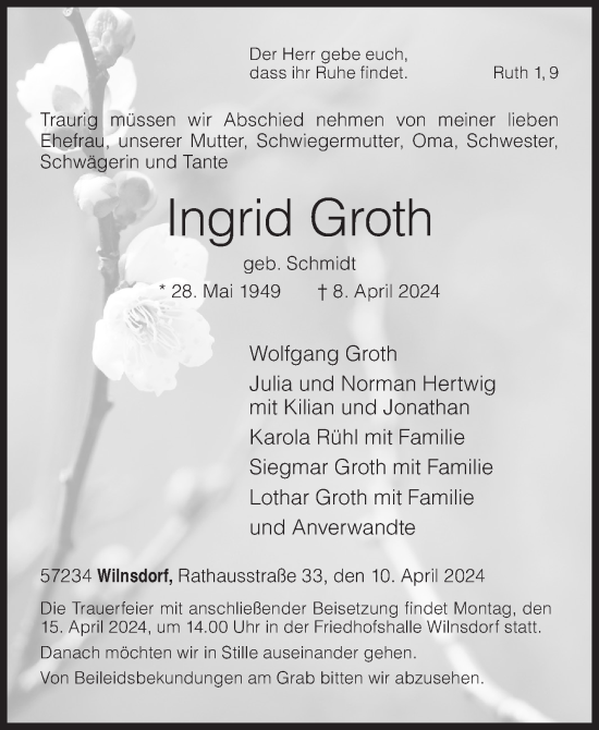 Traueranzeige von Ingrid Groth von Siegener Zeitung