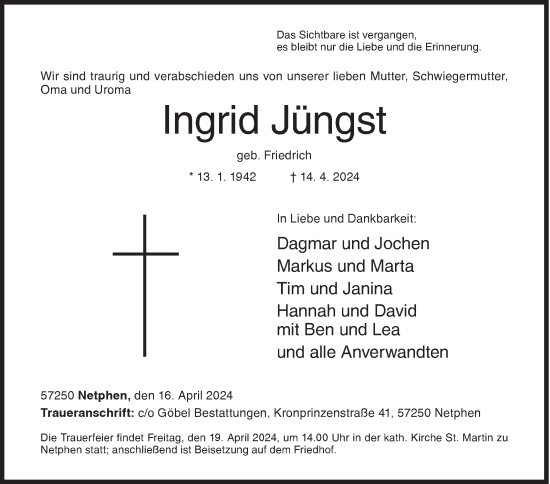 Traueranzeige von Ingrid Jüngst von Siegener Zeitung