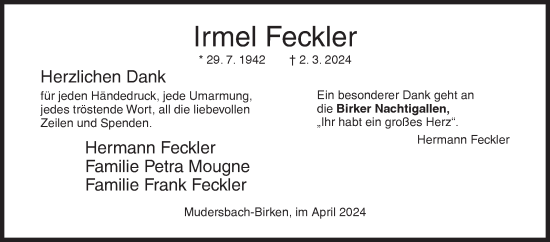 Traueranzeige von Irmel Feckler von Siegener Zeitung