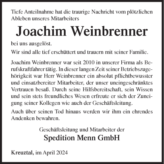 Traueranzeige von Joachim Weinbrenner von Siegener Zeitung