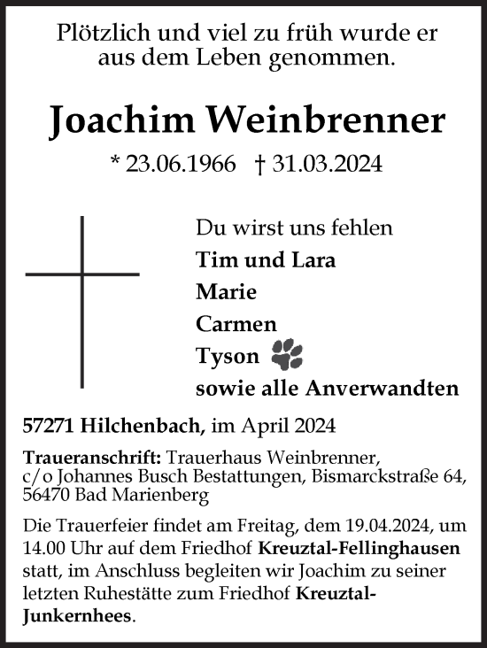 Traueranzeige von Joachim Weinbrenner von Siegener Zeitung