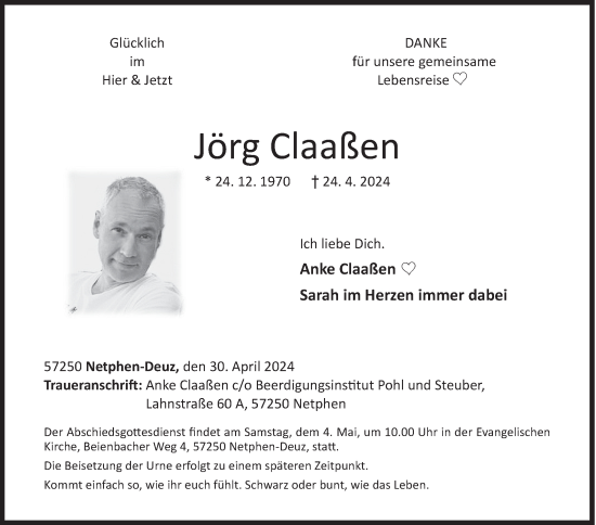 Traueranzeige von Jörg Claaßen von Siegener Zeitung