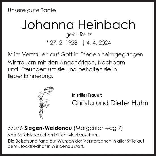 Traueranzeige von Johanna Heinbach von Siegener Zeitung