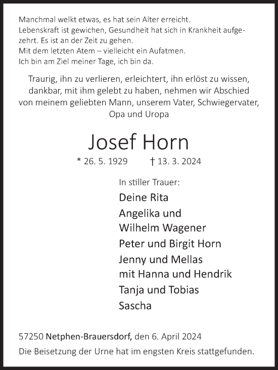 Traueranzeige von Josef Horn von Siegener Zeitung