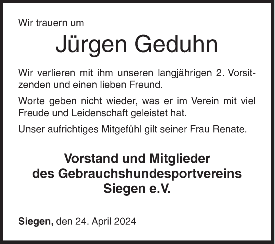 Traueranzeige von Jürgen Geduhn von Siegener Zeitung